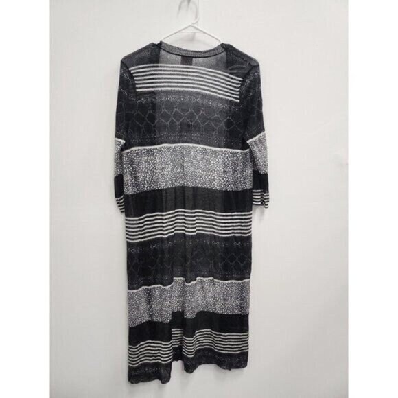 Chicos Womens Lightweight Duster Cardigan Medium Black Gray Striped Open Casual - Picture 2 of 8